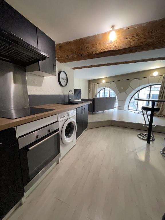 une grande cuisine avec lave-linge et sèche-linge dans l'établissement L'Elégant - Centre De Vienne, à Vienne