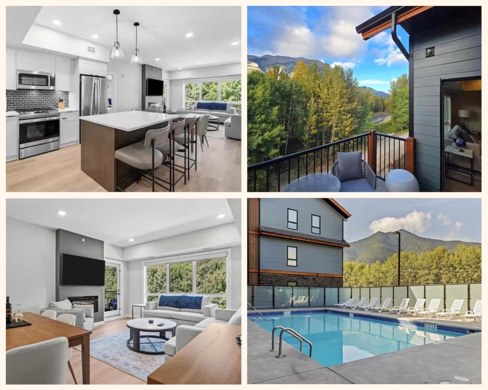 a collage of pictures of a house at 2 bedrooms-3 beds 2 baths-Rocky Creekside Retreat - Top Floor - Heated Pool and Hot Tub in Dead Man's Flats