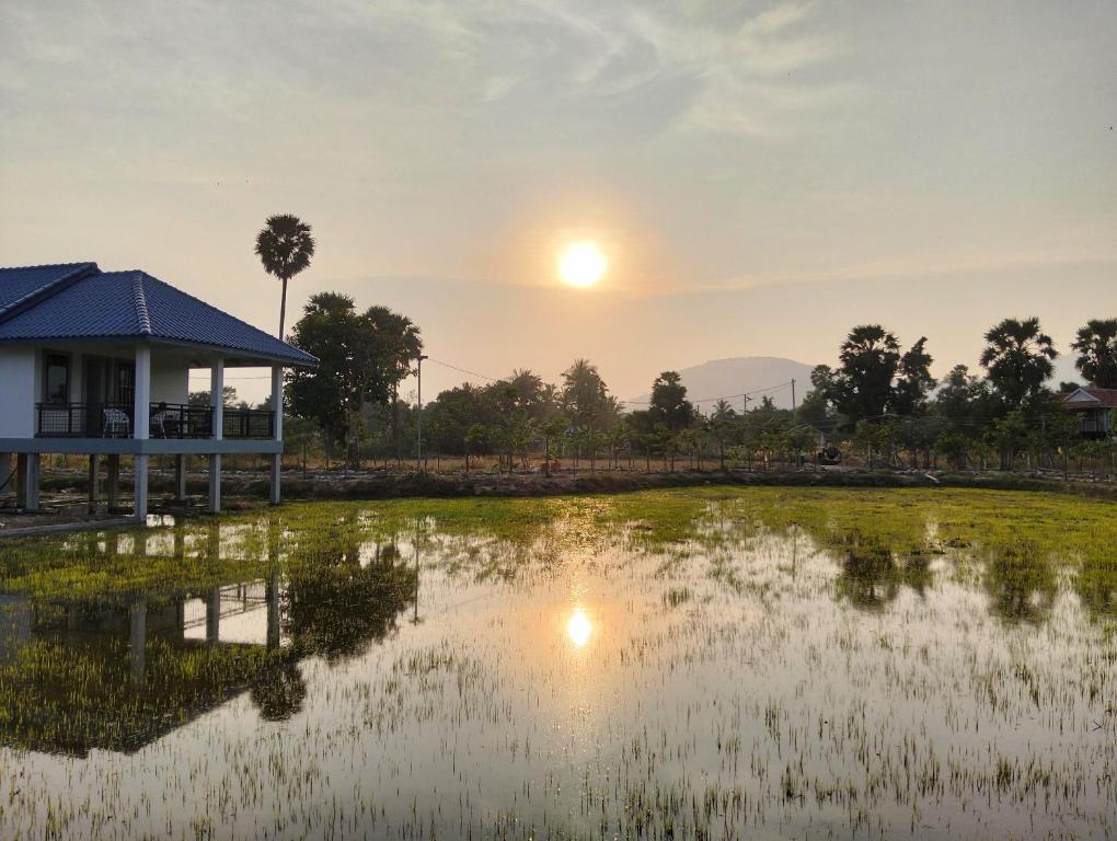 a lake in front of a house with the sunset at Baksaei Retreat Ricefield Villas in Kampot