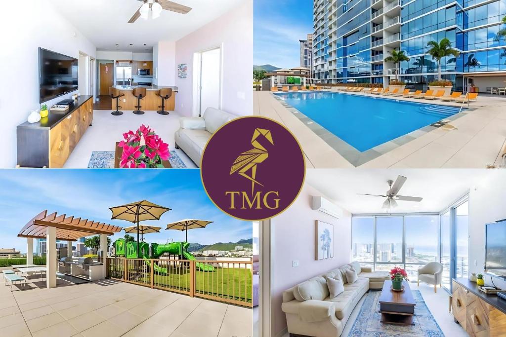 a collage of three pictures of a apartment at Luxury Oasis Residence in Honolulu