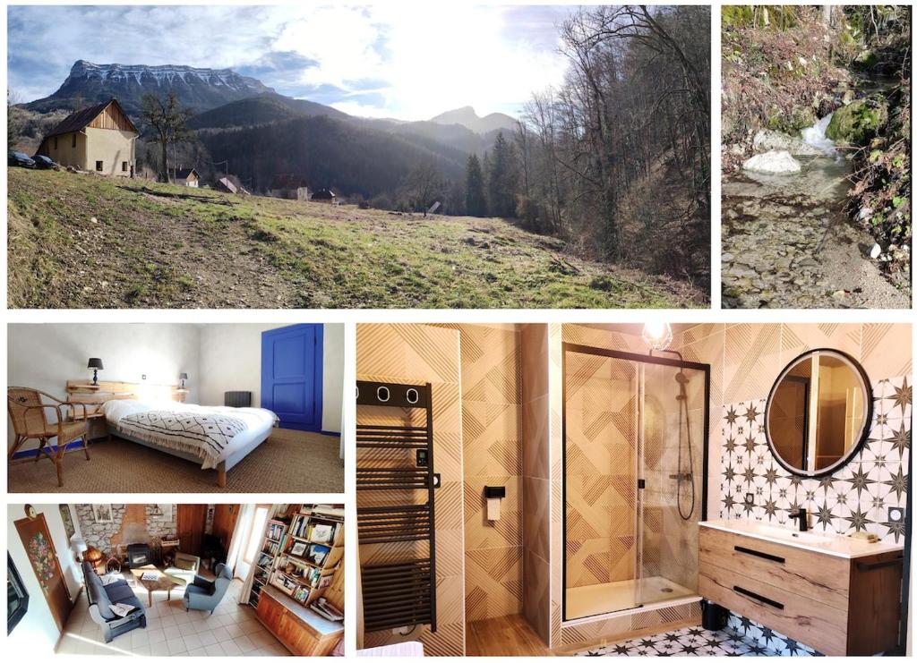 un collage de photos d'une chambre et d'une salle de bains dans l'établissement Maison Chartrousine nature park, à Saint-Pierre-dʼEntremont
