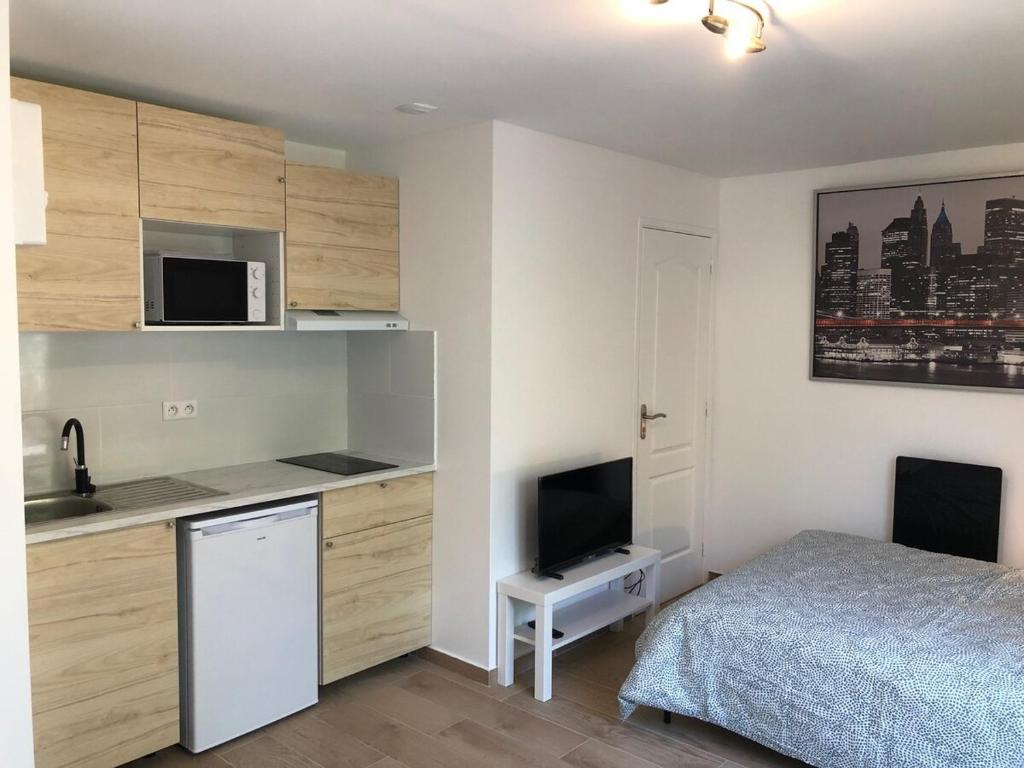 a bedroom with a bed and a sink and a microwave at Studio with terrace in Saint-Denis