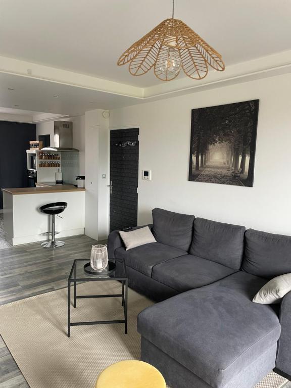 un salon avec un canapé et une table dans l'établissement Grand appartement avec balcon et 2 chambres, à Montluçon