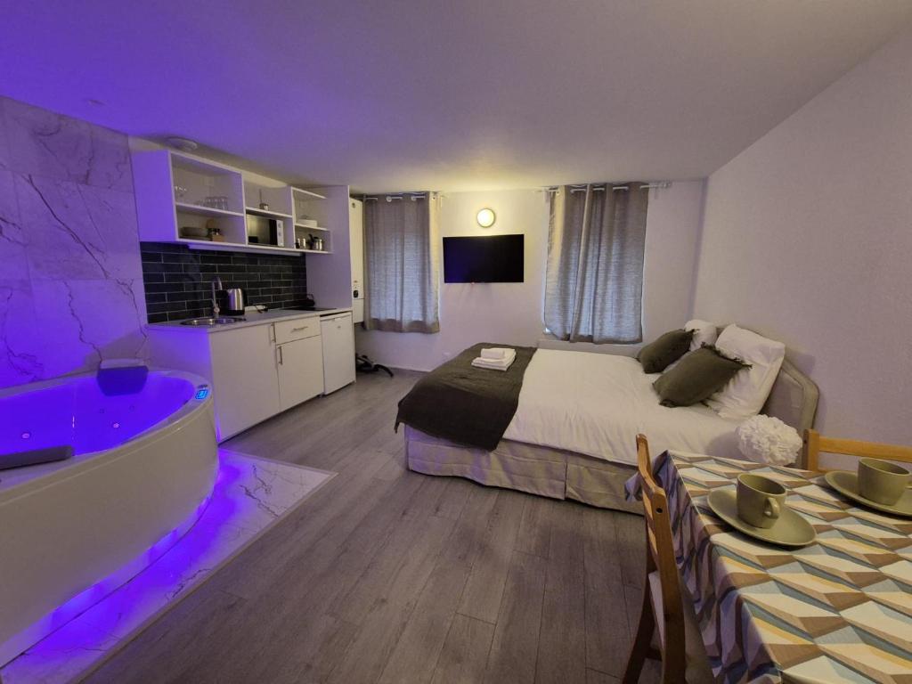 - une chambre avec un lit, une baignoire et une table dans l'établissement Studio de Charme avec Jacuzzi - Escapade Relaxante, à Strasbourg