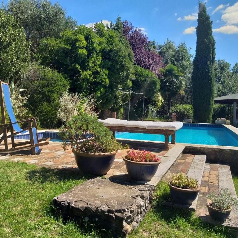 a garden with a bench and a swimming pool at La Chiesuola in Viterbo