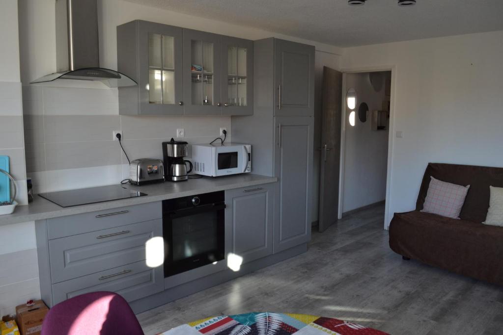 een keuken met een magnetron en een bank in een kamer bij Appartement T2 Cap d'Agde in Cap d'Agde
