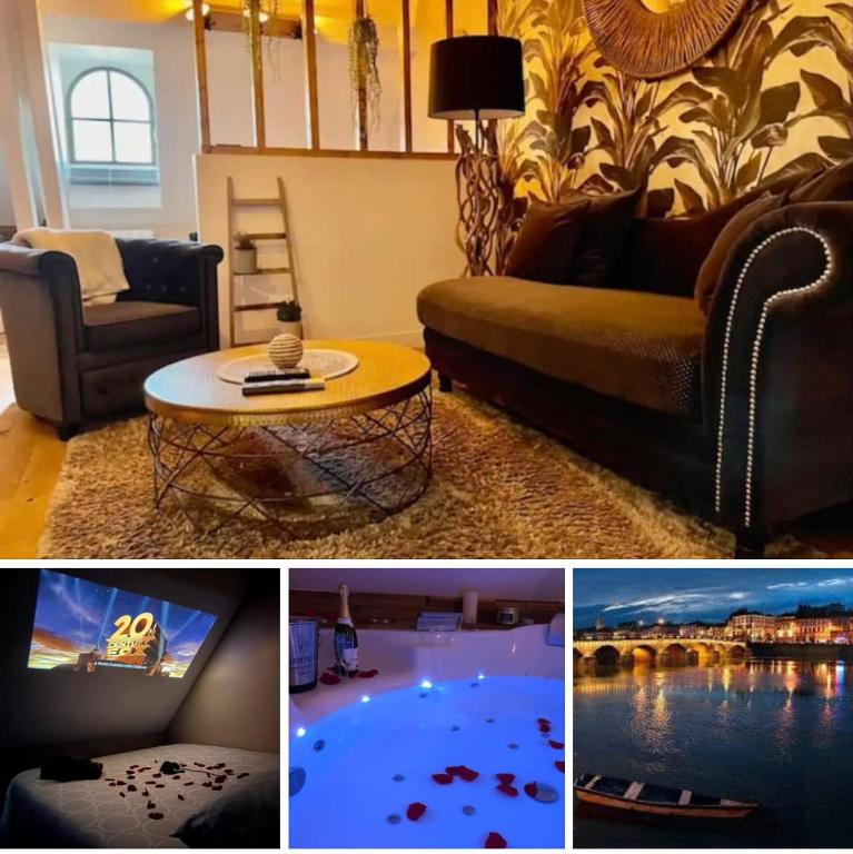 un collage de trois photos d'un salon dans l'établissement Séjour détente au cœur de MÂCON spa,ciné,bouteille offerte, à Mâcon