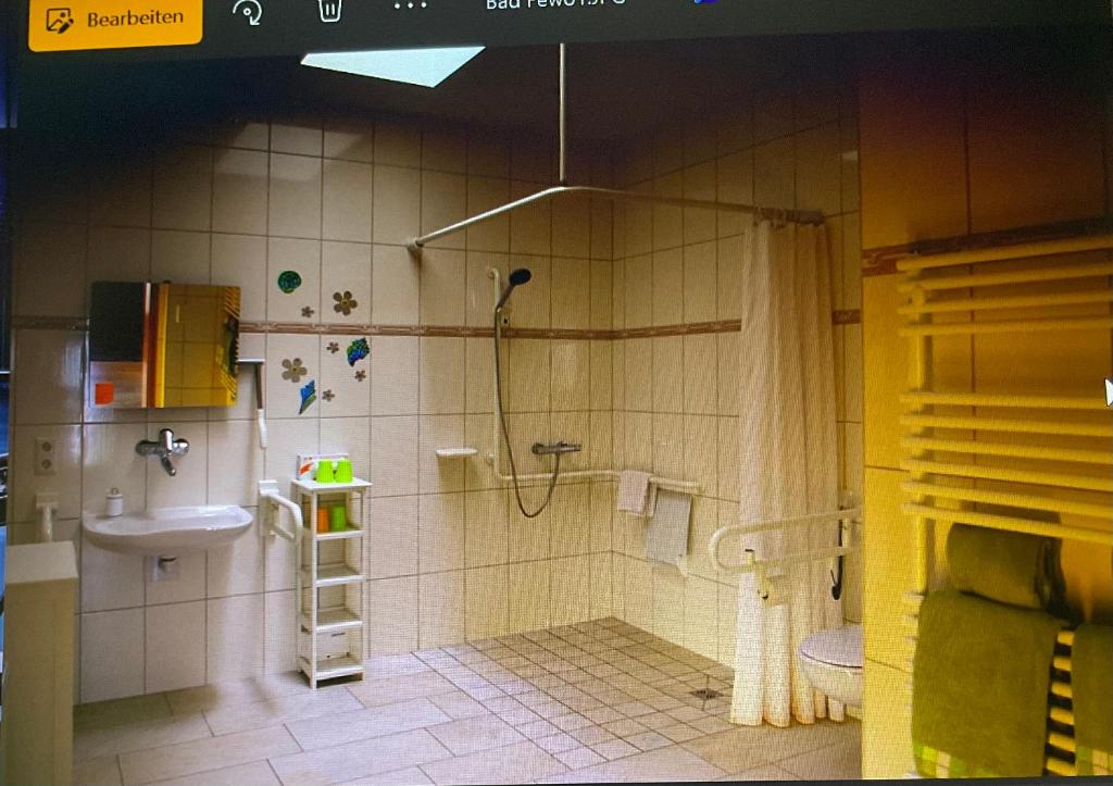 ein Badezimmer mit Dusche, Toilette und Waschbecken in der Unterkunft Pension zum Reiterhof, Fewo 1 in Schmogrow