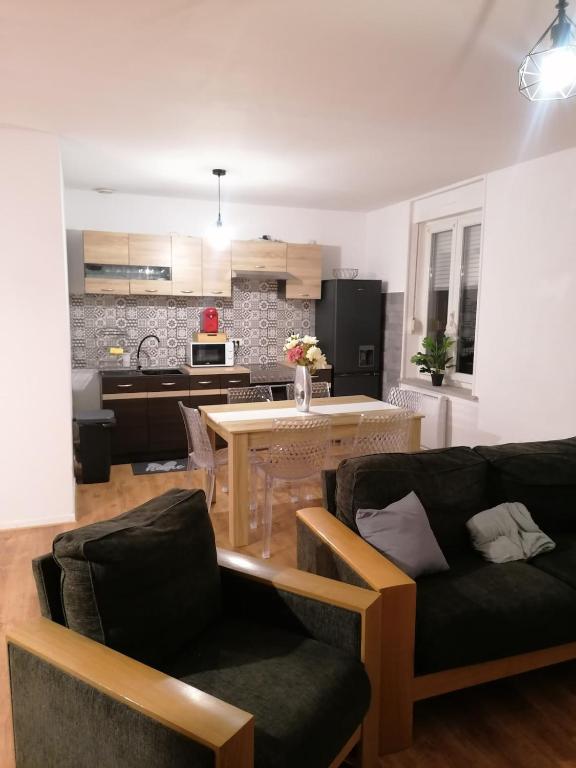 un salon avec un canapé et une table et une cuisine dans l'établissement appartement F2 Suite Alyssa, à Auboué