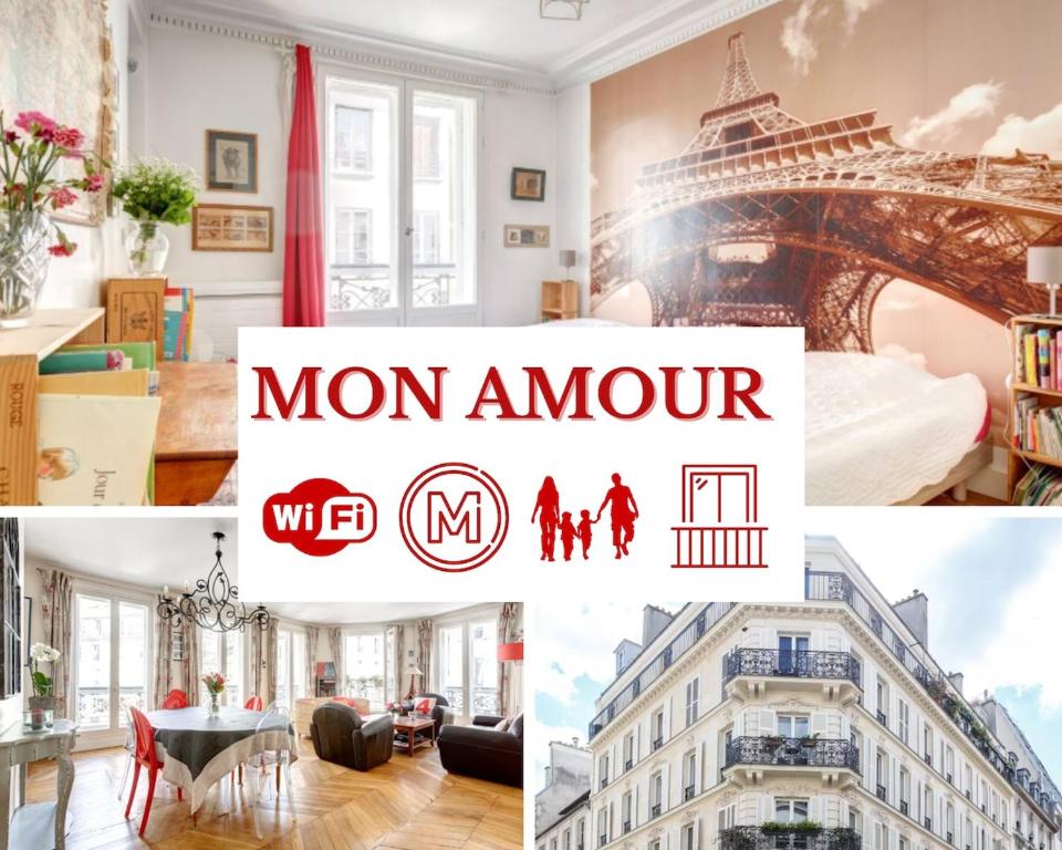 un collage de photos d'une pièce avec les mots mon amour dans l'établissement Family Apartment - MON AMOUR - Close all you need- Cosy Modern & Comfort - FREE PARIS Travel GUIDE, à Paris