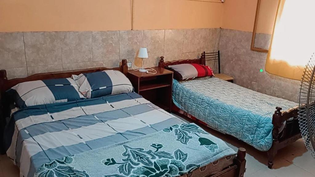 a bedroom with two beds and a table with a lamp at Departamento Eva in Deán Funes
