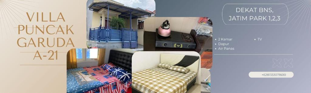 TlekungにあるVilla Puncak Garuda A-21のソファーとベッド付きの部屋の写真のコラージュ