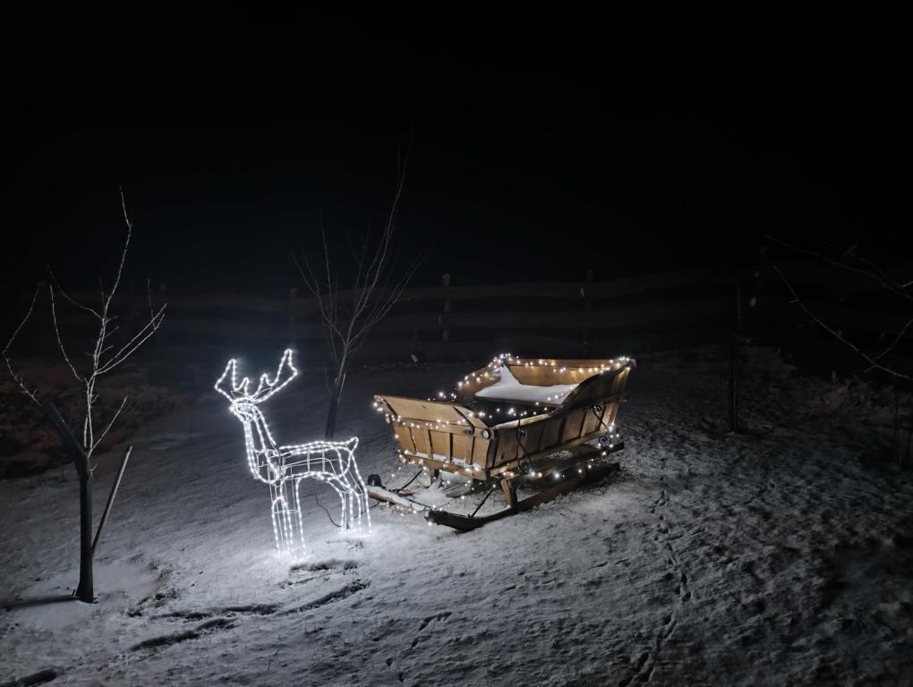 Ein Schlitten mit einem Rentier im Schnee bei Nacht in der Unterkunft Zagroda nad Hańczą in Błaskowizna