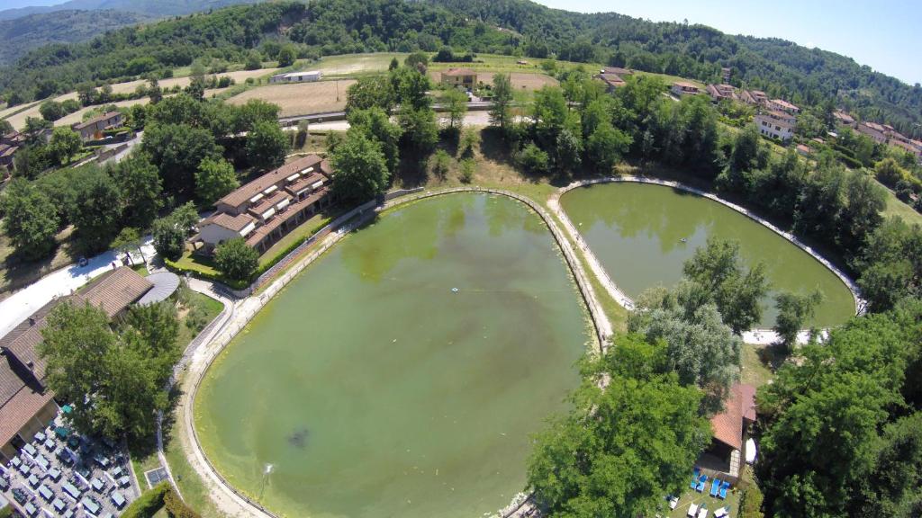 an aerial view of a lake with trees and buildings at Laghi Della Tranquillita' in Reggello