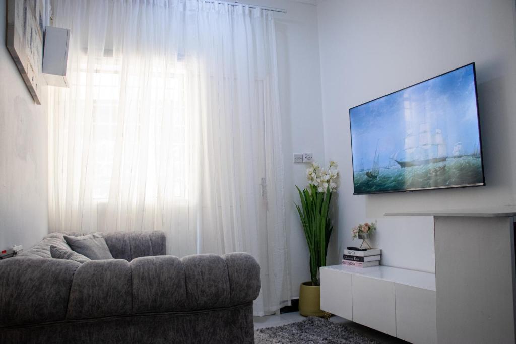 a living room with a couch and a flat screen tv at Luxe cozy home in Dar es Salaam