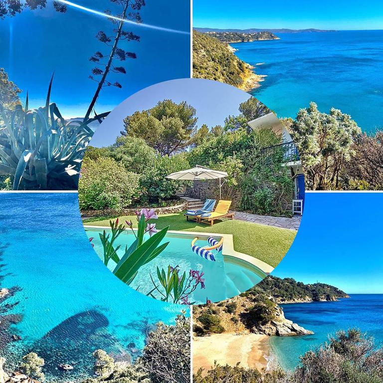 un collage de photos d'une piscine et de l'océan dans l'établissement Rez-De-Jardin Villa - Proche Plages & Port, à Cavalaire-sur-Mer