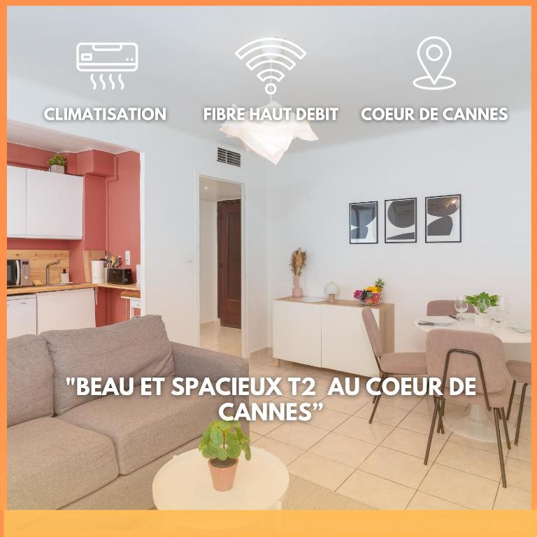 un salon avec un canapé et une table dans l'établissement Le Gabin By ApiRent #Centre-ville #Climatisation #Wifi, à Cannes