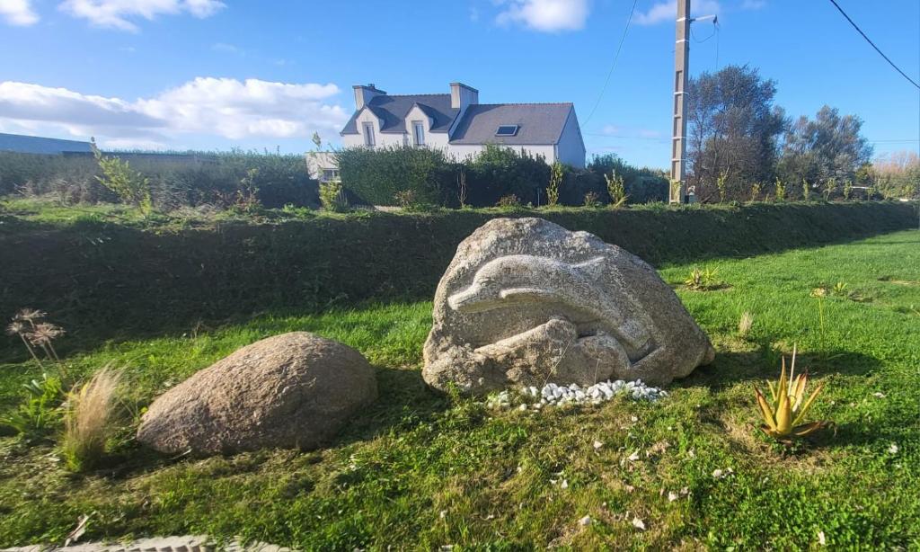 Un rocher dans l'herbe avec une maison en arrière-plan dans l'établissement Maison le dauphin Kerlouan, à Kerlouan