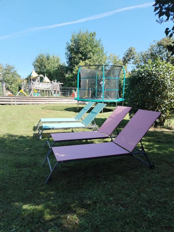 une rangée de chaises longues violettes dans un parc dans l'établissement La Belle Longère, havre de paix 3 étoiles face aux vignes, à Trelou Sur Marne