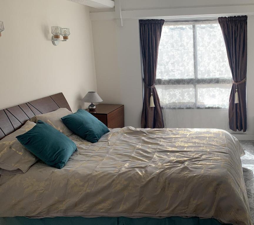 a bedroom with a bed with blue pillows and a window at Perfectly Located in Gibraltar