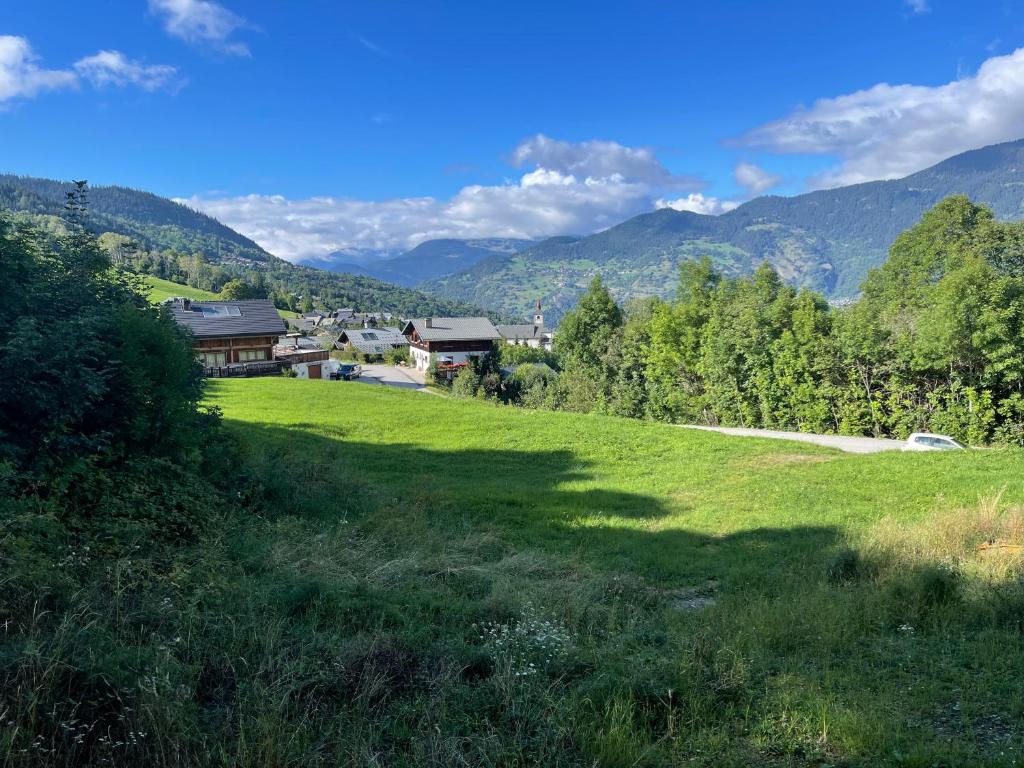 un champ d'herbe verte avec des montagnes en arrière-plan dans l'établissement Chalet de l'Olympe, à Les Allues
