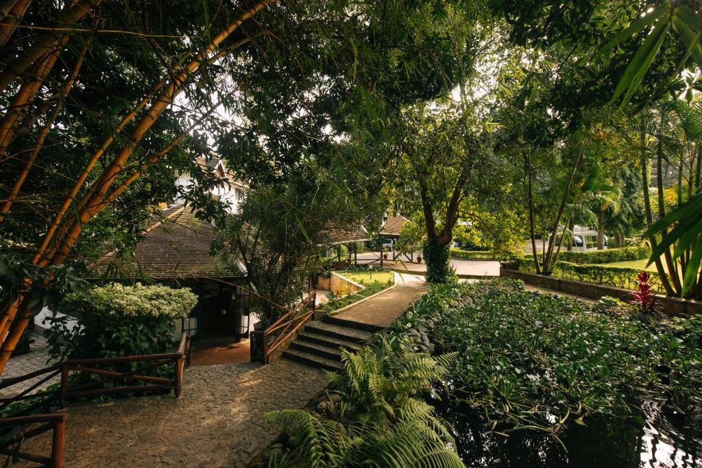 a garden with stairs and trees and bushes at Aishi Machame in Moshi