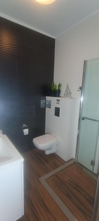 Un baño con inodoro y ducha de cristal. en Flamingo 20, en Międzyzdroje
