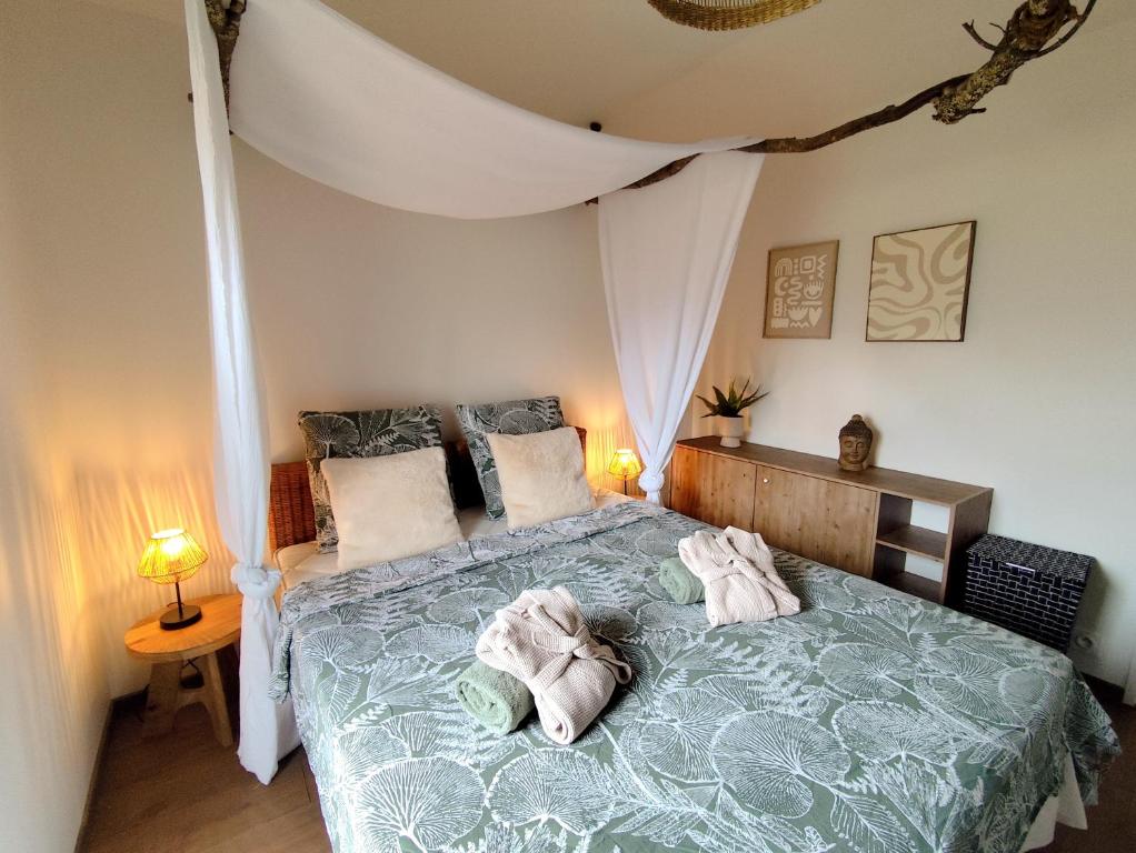Postel nebo postele na pokoji v ubytování Chambre d'hôtes jacuzzi L'envol du coquelicot