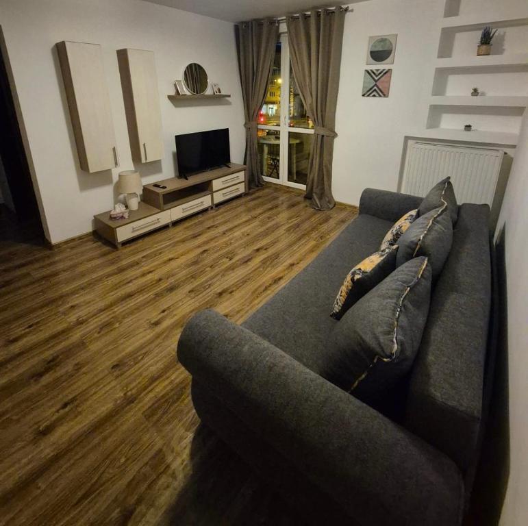 a living room with a couch and a television at Milan Apartament-in the center of Târgu Mureș in Târgu-Mureş