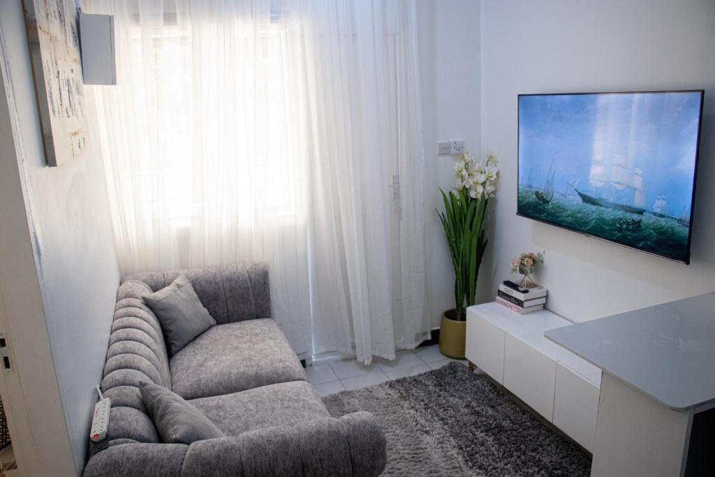 a living room with a couch and a flat screen tv at Luxe cozy home in Dar es Salaam