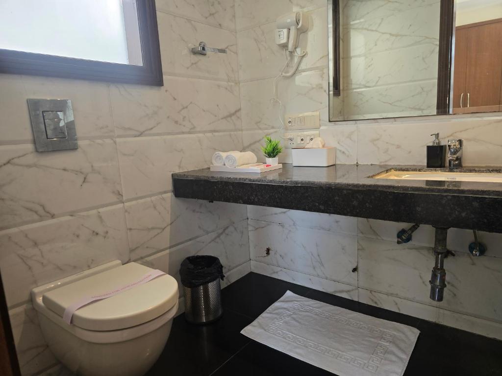 a bathroom with a toilet and a sink and a mirror at Two Green Park in New Delhi