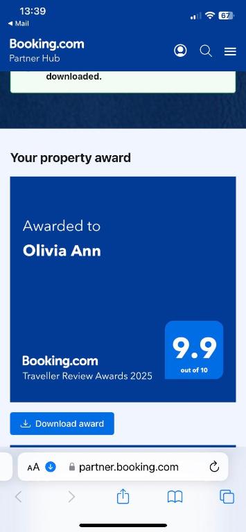 Certifikát, hodnocení, plakát nebo jiný dokument vystavený v ubytování Olivia Ann