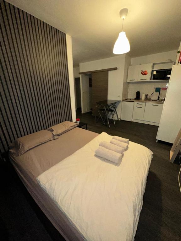 une chambre avec un lit blanc avec des serviettes dessus dans l'établissement Appartement Centre ville, à Mulhouse