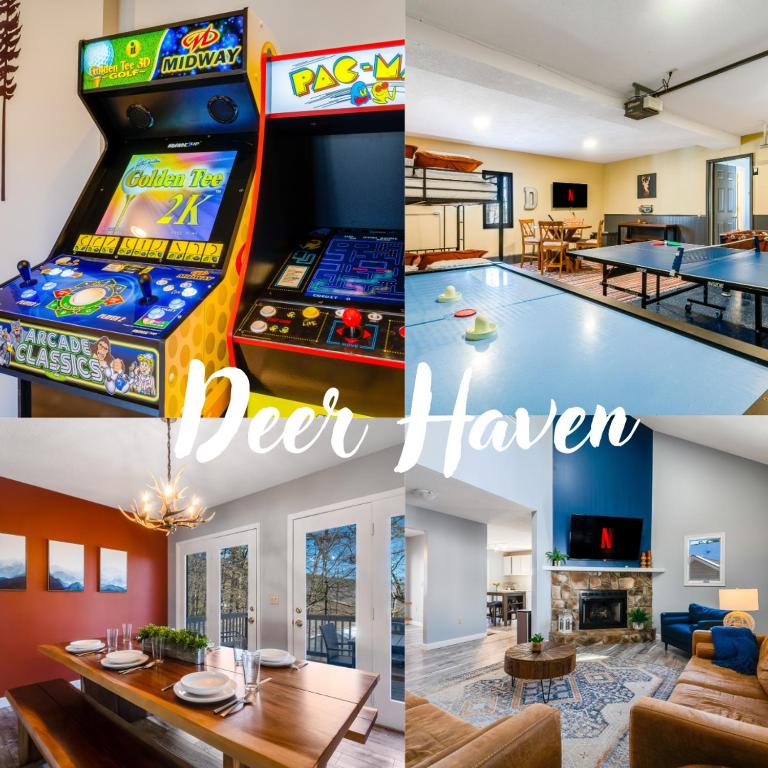 a collage of pictures of a house with a video game at Mtn Views, Hot Tub, 2 Game Rms, Fire Pit, Pet Friendly, Top Mtn in McGaheysville