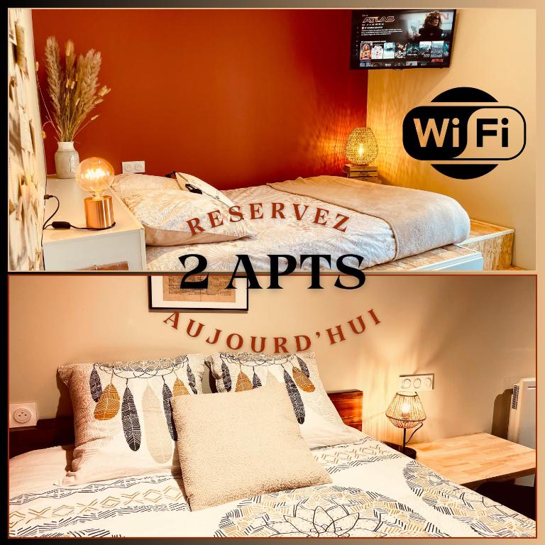 une chambre avec deux lits et un panneau indiquant partout dans l'établissement Le Duo Forézien - 2 Apts au RDC côte à côte - Proche gare et centre - Wifi, à Feurs