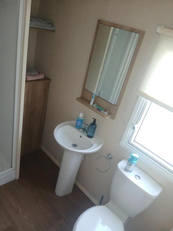 Un baño con lavabo, inodoro y espejo. en Caravan on Lyons winkups holiday park, en Kinmel Bay