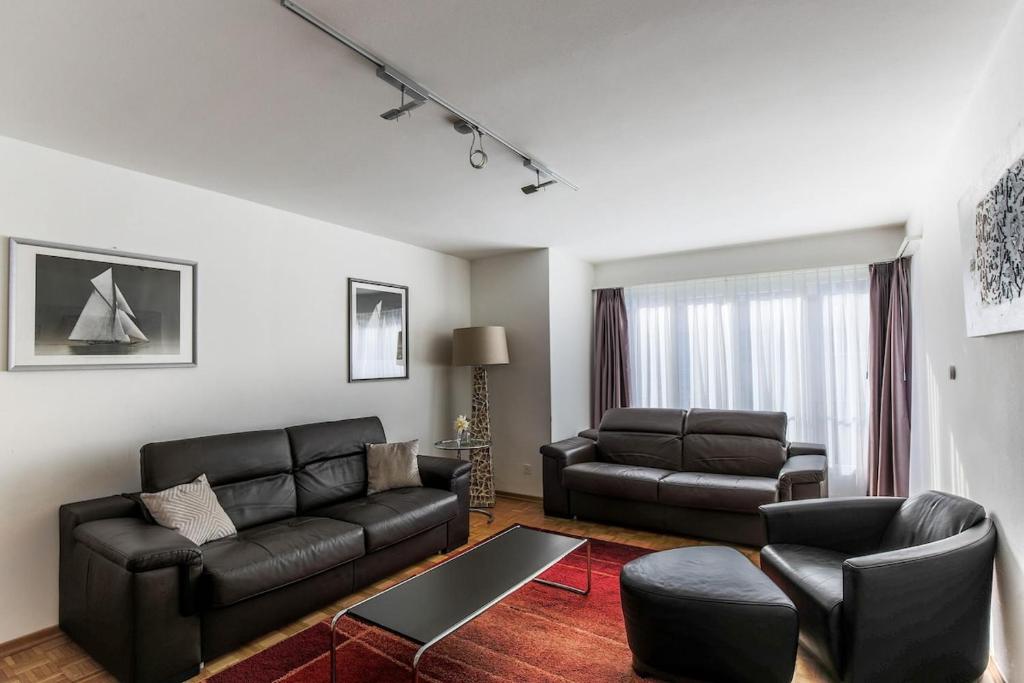 チューリッヒにある2BR flat close to lake, opera and city center - SF10の革張りのソファとテーブルのあるリビングルーム