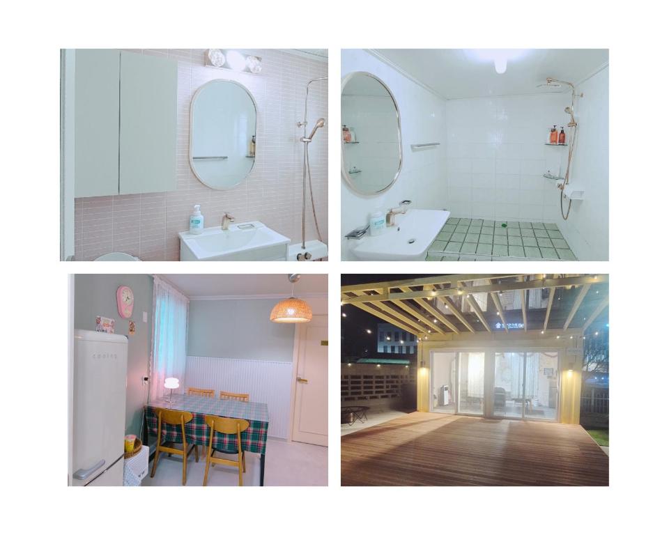 vier foto's van een badkamer met een wastafel en een spiegel bij Yangyang Shim Stay in Yangyang