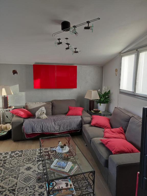 - un salon avec un canapé et des oreillers rouges dans l'établissement T3 avec Terrasse Wi-Fi - Clim Avignon intramuros, à Avignon