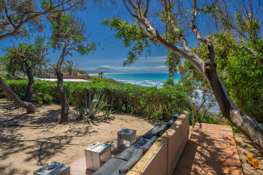 a walkway to the beach with trees and the ocean at Hurricane Beach Hotel in Tarifa