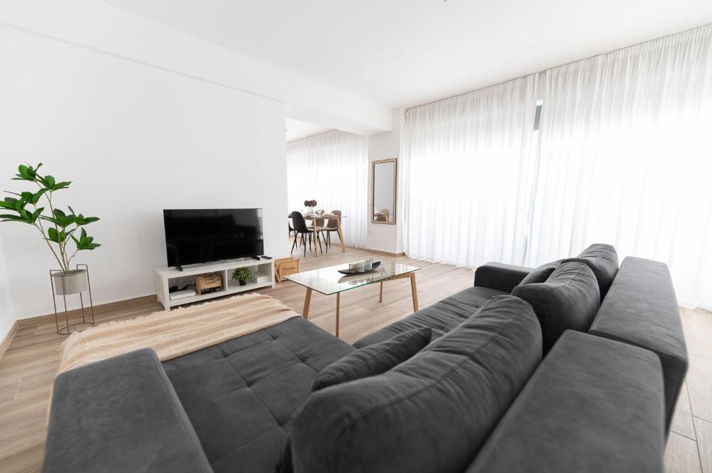 salon z kanapą i telewizorem w obiekcie Stylish spacious apartment in Palaio Faliro (C1) w Atenach