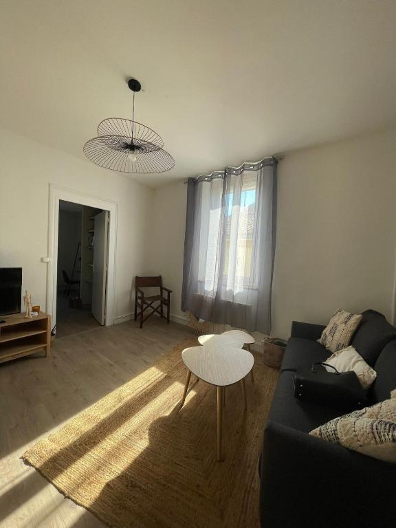 un salon avec un canapé et une table dans l'établissement appartement cosy, à Romans-sur-Isère