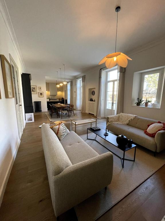 un salon avec deux canapés et une table dans l'établissement Loue maison de maitre en Camargue, à Saint-Laurent-dʼAigouze