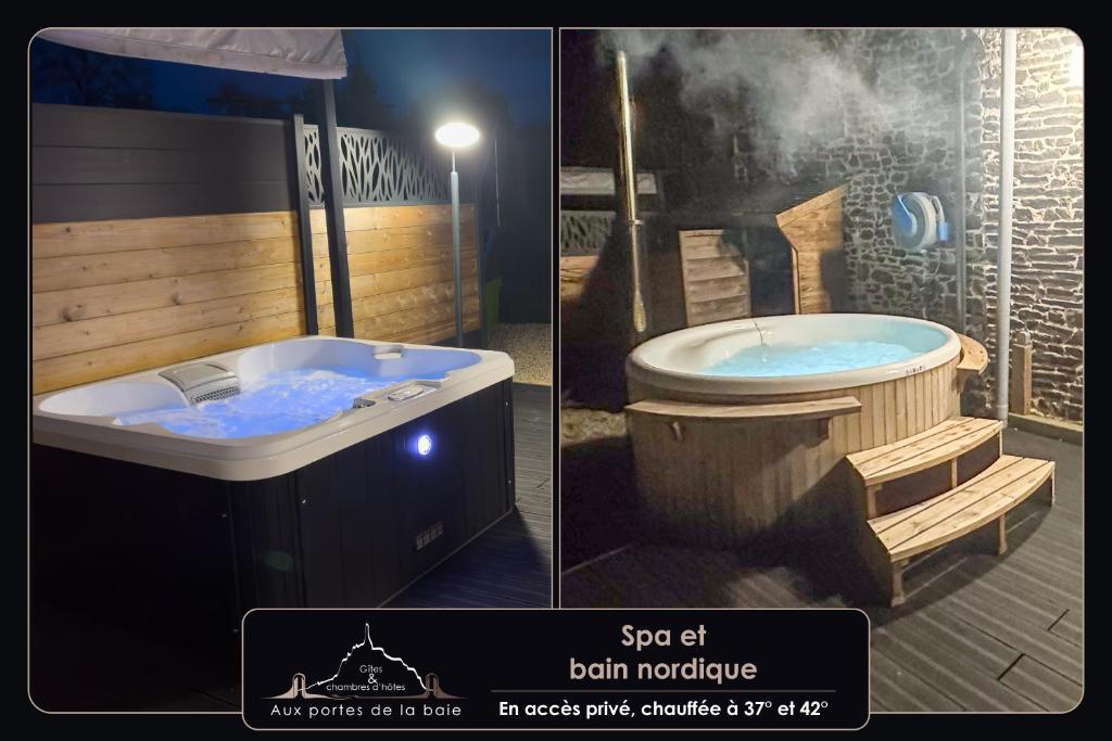 - deux photos d'un bain à remous dans la salle de bains dans l'établissement Aux portes de la baie - Vieux-Viel, à Vieux-Viel