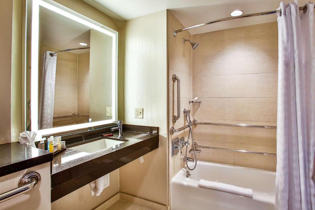 a bathroom with a sink and a shower at Embassy Suites by Hilton Chicago Downtown Magnificent Mile in Chicago