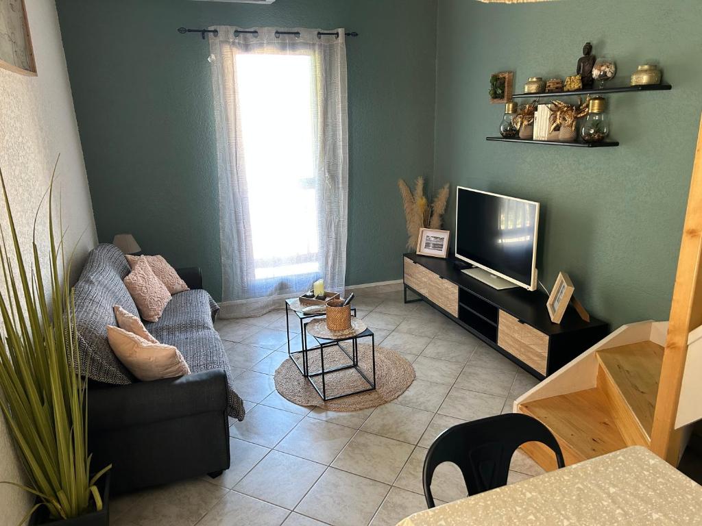 salon z kanapą i telewizorem w obiekcie la maison des sables 4 port Leucate climatisé parking privé w mieście Port Leucate