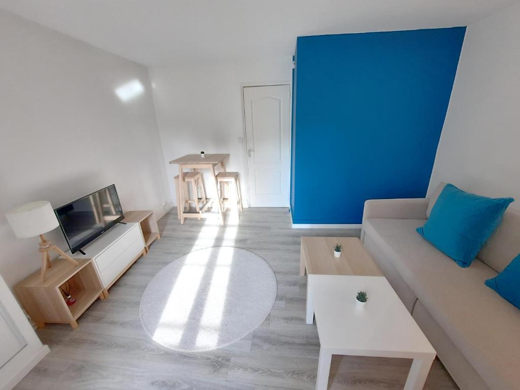 un salon avec un canapé et une télévision dans l'établissement Le Perdrix 2 - Studio 2 prs, proche centre ville, à Dijon