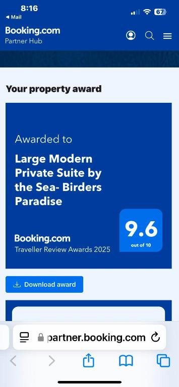 Certifikát, hodnocení, plakát nebo jiný dokument vystavený v ubytování Large Modern Private Suite by the Sea- Birders Paradise