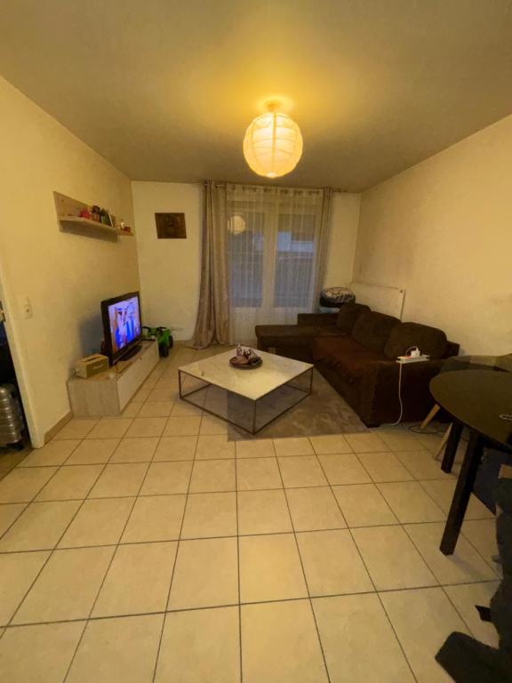 un salon avec un canapé et une télévision dans l'établissement T2 proches Paris, au Blanc-Mesnil