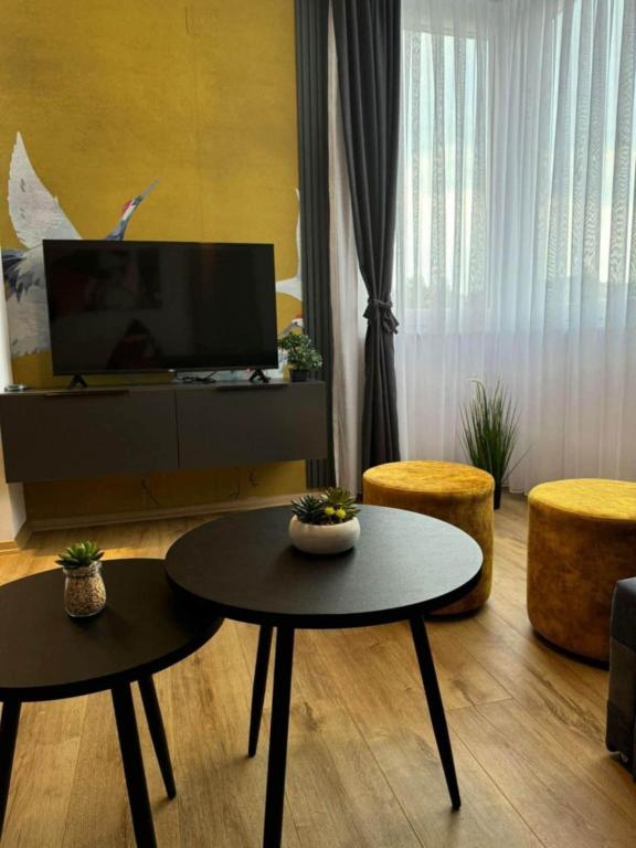 a living room with two tables and a tv at Central luxury apartment ROOM 4 in Ohrid